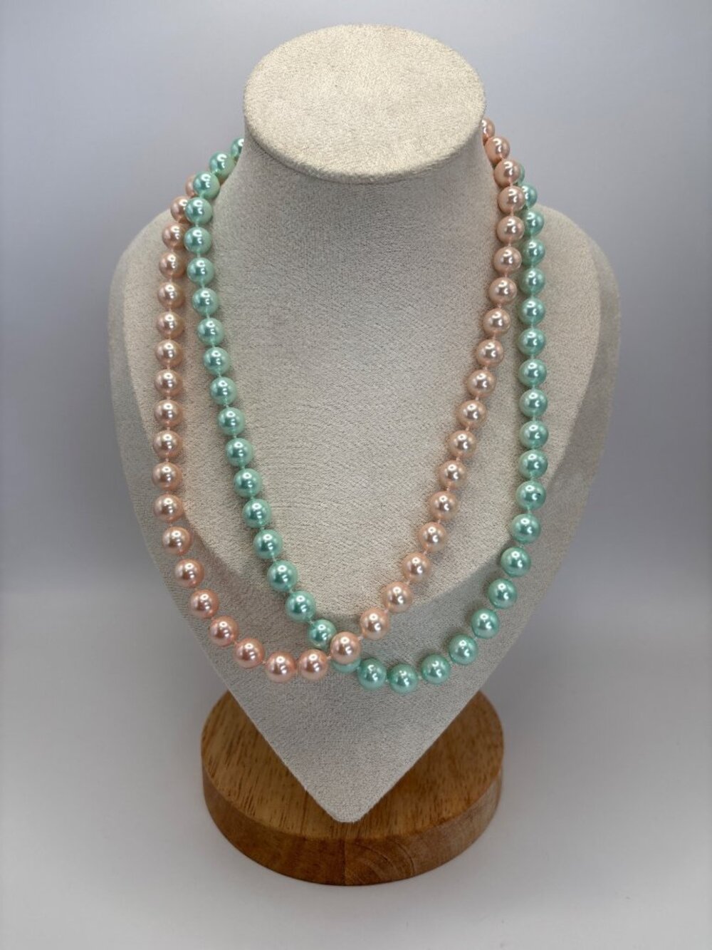 Vintage Pastel Pink & Green Faux Pearl Bead 18" Necklace Set